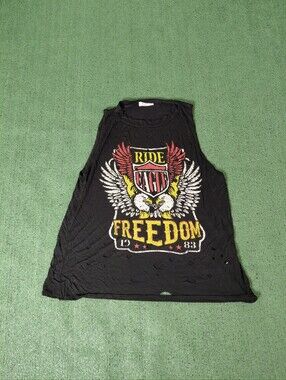 Womens Love J Ride Freedom Eagles Biker Motorcycle Black Polyester Tank Top Sz 2